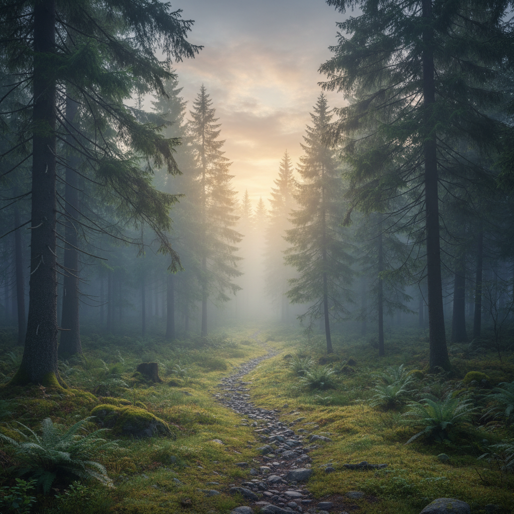 Paisaje sereno de un bosque nublado al amanecer que evoca tranquilidad